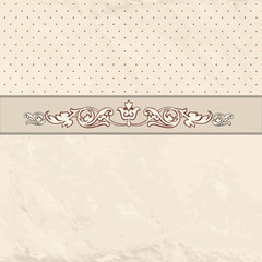 Floral border on vintage background. Old paper greeting card with polka dot patern in retro style