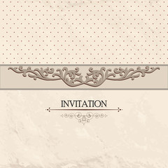 Floral border on vintage background. Old paper greeting card with polka dot patern in retro style