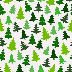 Seamless pattern with silhouettes of fir-trees and pines. Spruce forest background. Vector illustration