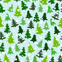 Seamless pattern with green silhouettes of fir-trees and pines. Winter forest background with snowfall. Vector illustration