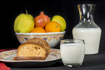 Milk, bread and fruits. Breakfast