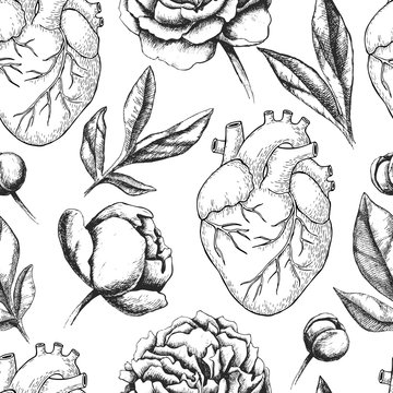 Vector Seamless Pattern With Anatomical Human Heart And Botanica