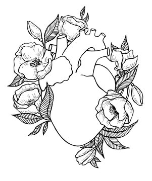Human heart illustration with flowers.