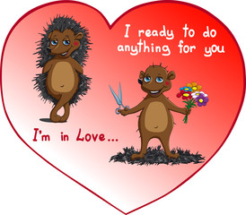 in love with a bouquet of flowers hedgehog congratulates with Valentine's day without needles