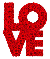 Red rose flower set in word LOVE isolated on white.
