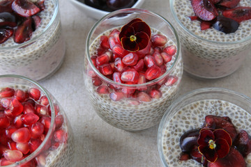 Chia seeds pudding with pomegranate and cherries, selective focus