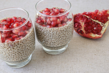 Chia seeds pudding with pomegranate and cherries, selective focus