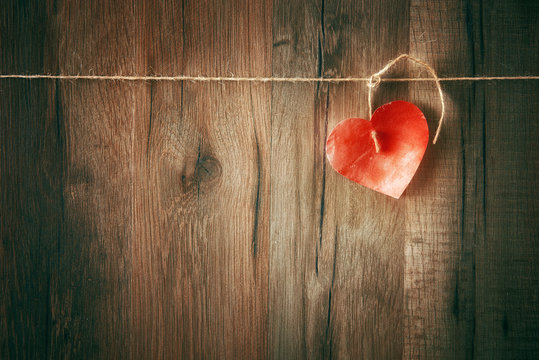 Two wooden hearts on rustic wood background. Valentines days concept. Love  symbol. Greeting card. Stock Photo by natika