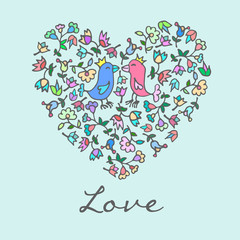 Floral cute doodle heart with birds. Template for card, wedding, Valentines day