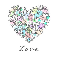 Floral cute doodle heart with birds. Template for card, wedding, Valentines day