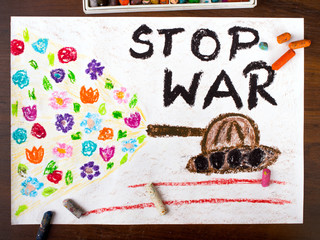 colorful drawing with the words "stop war"
