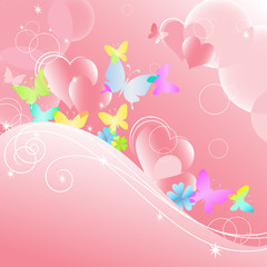 Beautiful pink background with iridescent butterflies and hearts - 100089015