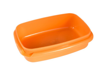 Open color plastic container for food isolated on white