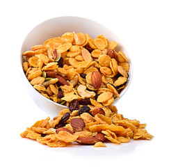 Healthy breakfast set with almonds raisins walnuts cereal