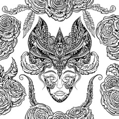 Vintage seamless pattern Carnival party with female head in masquerade mask, roses and feathers.Hand drawn vector illustration. Retro invitation design,card, print, t-shirt, postcard