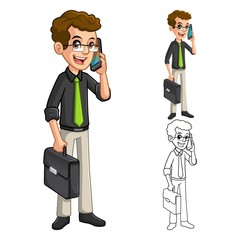 Businessman with Glasses Holding a Smart Phone and Briefcase Cartoon Character Include Flat Design and Line Art Version Vector Illustration