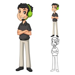 Contact Support Man with Head Phone and Folded Arms Pose Cartoon Character Include Flat Design and Line Art Version Vector Illustration