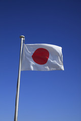 Closeup of a Japanese flag with blue sky