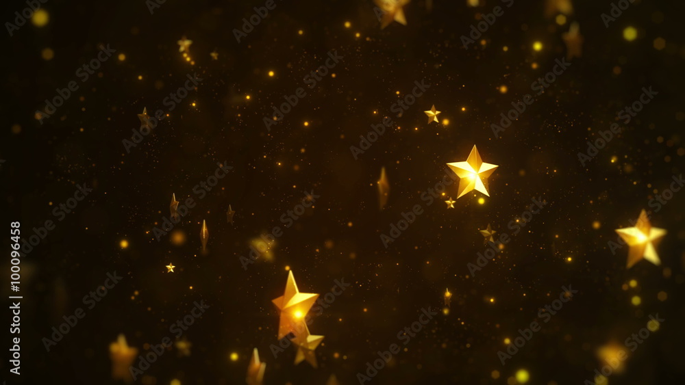 Poster shiny particle background with bokeh and star with lens flares, abstract festive background, loopabl