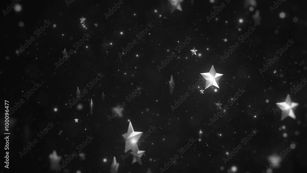 Poster shiny particle background with bokeh and star with lens flares, abstract festive background, loopabl