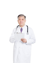 old asian man doctor writing on clipboad