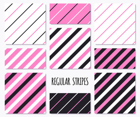 Set of pink seamless patterns with diagonal stripes