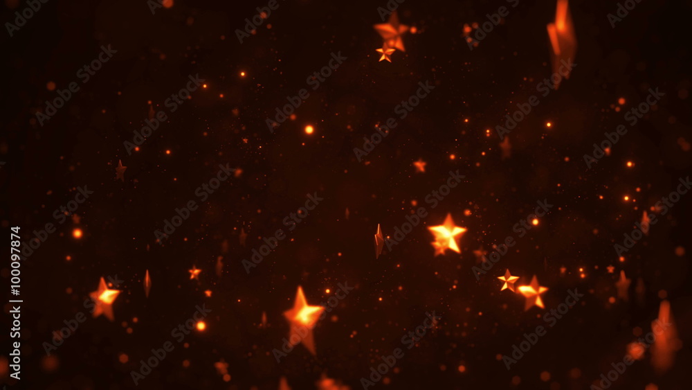 Poster shiny particle background with bokeh and star with lens flares, abstract festive background, loopabl