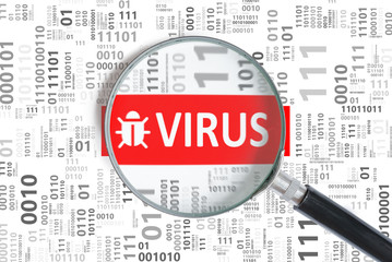 Computer security concept. Virus alert inside magnifying glass in binary code.