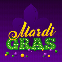 Mardi Gras Party Poster. Calligraphy and Typography Card. Beads and Fleur De Lis Symbol. Holiday poster or placard template