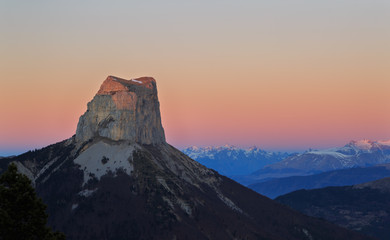 Fototapeta na wymiar Tranquil sunrise at Mont Aiguille, in the French Vercors.