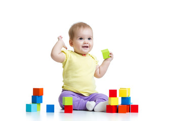 child playing wooden toy blocks isolated