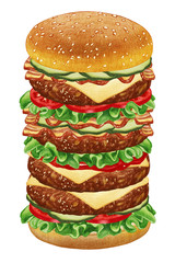 Mega Cheeseburger. Hand-drawn illustration, digitally colored.