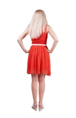 back view of standing young beautiful  woman.