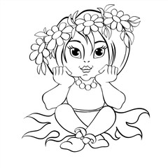 Little cute girl in the wreath of daisies. Black and white vector illustration for coloring book