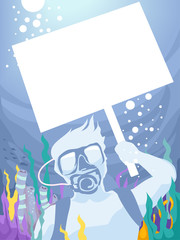 Fototapeta na wymiar Diving Underwater Man Picket Sign