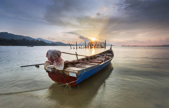 Fisherman boats at Black Sand Beach Village in Langkawi, Malaysia