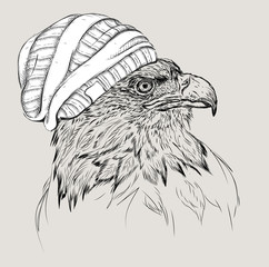 Hand draw eagle in hippie hat. Vector illustration