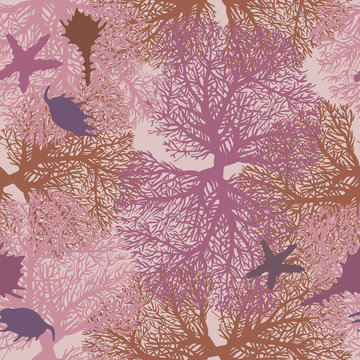 Underwater seamless pattern with coral and seashells.