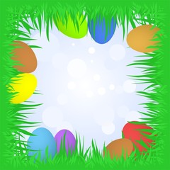 Fototapeta na wymiar Spring greeting with green grass around with colorful eggs in the grass and blue sky with sun reflections
