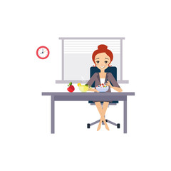 Eating at Work. Daily Routine Activities of Women. Vector Illustration