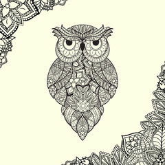 Vector illustration of ornamental owl. Bird illustrated in tribal.