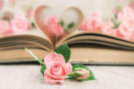 Pages of an old book curved into a heart and roses. Happy Valent