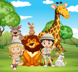 Children and wild animals in the park