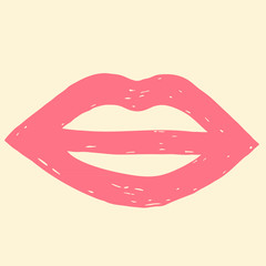 vector illustration of hand drawn red lips contour on yellow bac
