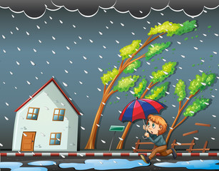 Boy running in the windy night