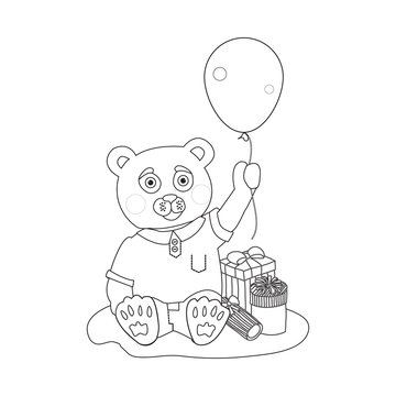  Toy bear with present boxes and baloon. Coloring page