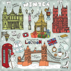 London winter landmarks set.Colored Doodle sketchy