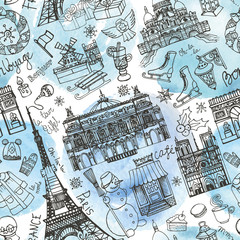 Paris winter,landmarks seamless pattern.Watercolor