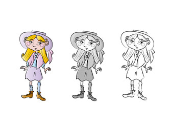 Bambina in piedi colori pastello e scala di grigio o outline