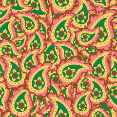 Colorful squared background - ornamental seamless pattern with paisley motif.  Design for fabric, wrapping paper, templates, brochure.